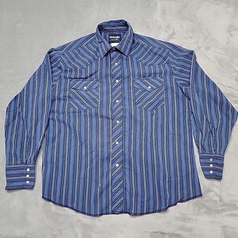 Wrangler Shirt Men XL Blue Striped Western Pearl Snap Long Sleeve Western Cowboy